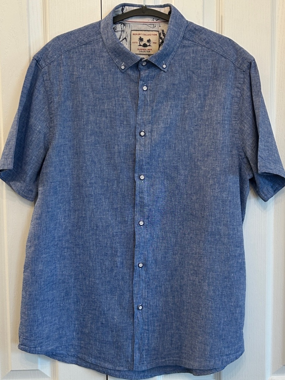 Report Collection 100% Linen Shirt Blue Short Sleeve Size L